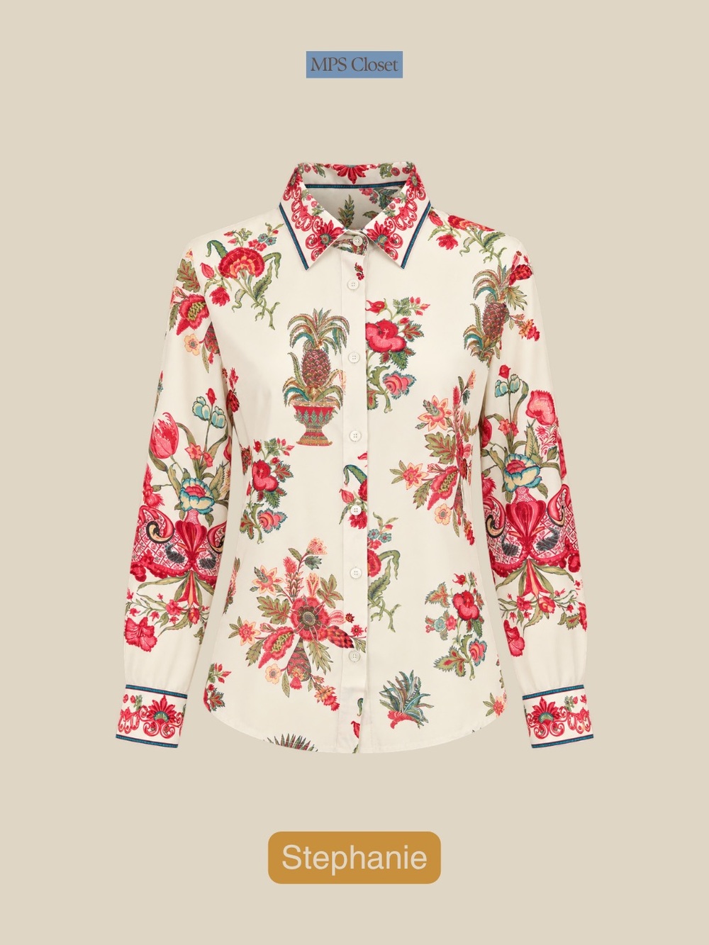 Emporio Sirenuse Cream Button-Up Shirt with Red Floral Motif